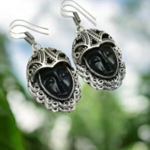 Black Carved Stone Bali Goddess  925 Silver  Filligree